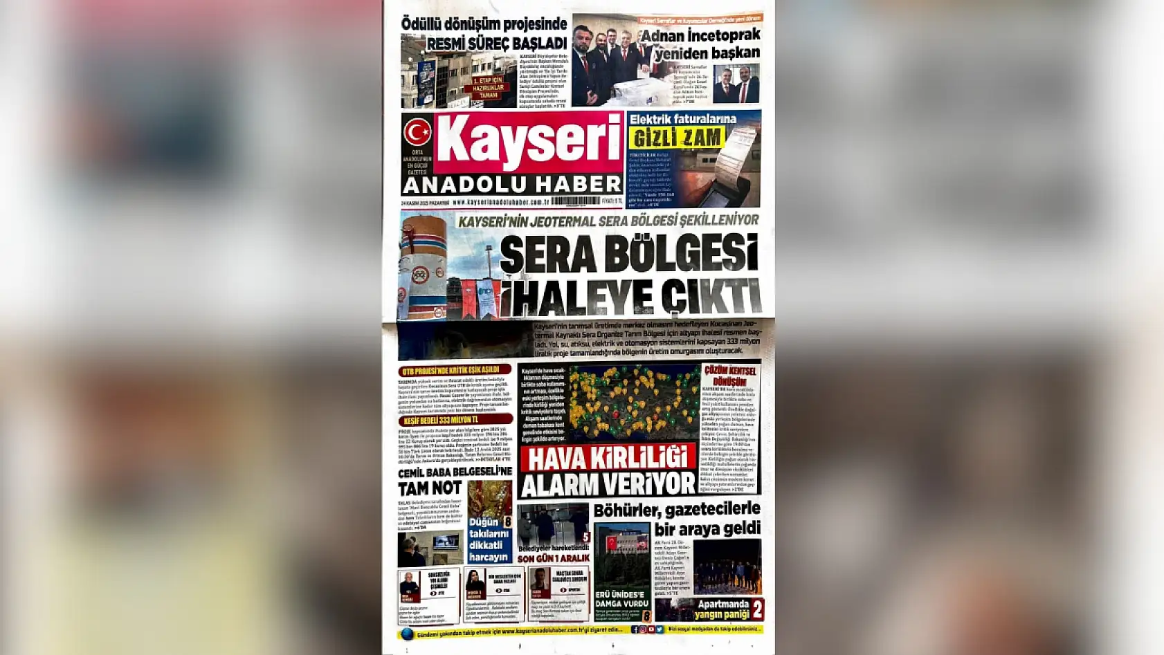 Kayseri'de 24 Kasım Pazartesi sabahına yerel gazeteler hangi manşetlerle çıktı?