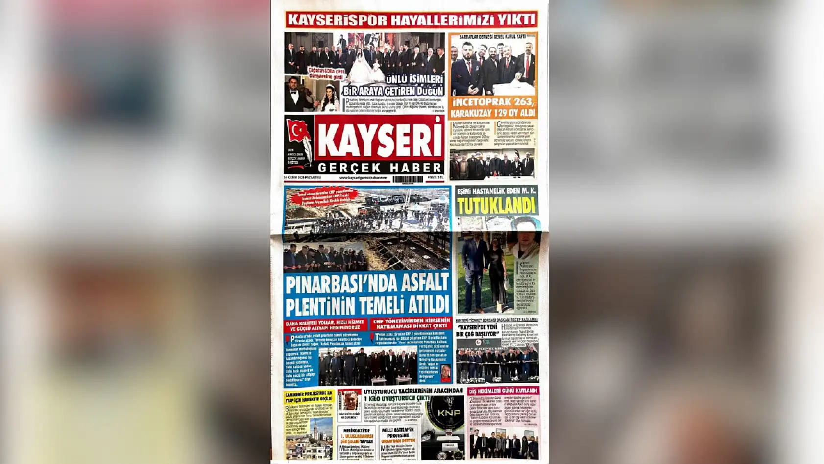 Kayseri'de 24 Kasım Pazartesi sabahına yerel gazeteler hangi manşetlerle çıktı?