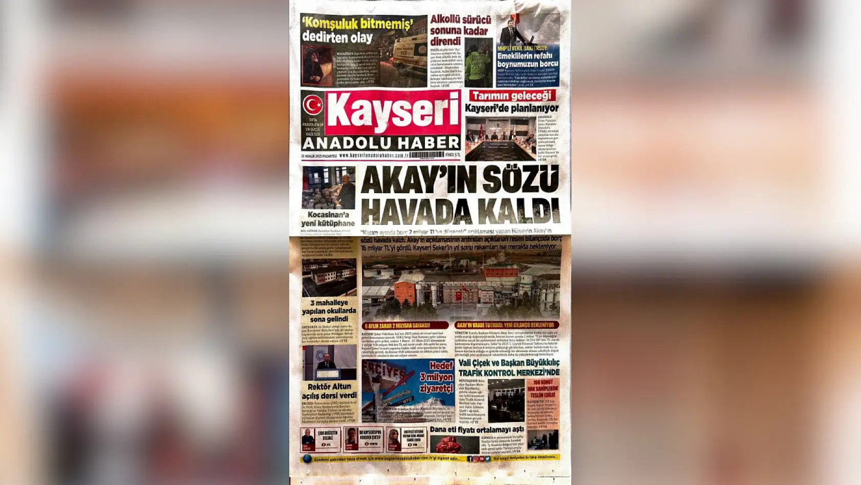 Kayseri yerel gazeteleri 22 Aralık Pazartesi gününe hangi manşetlerle çıktı?