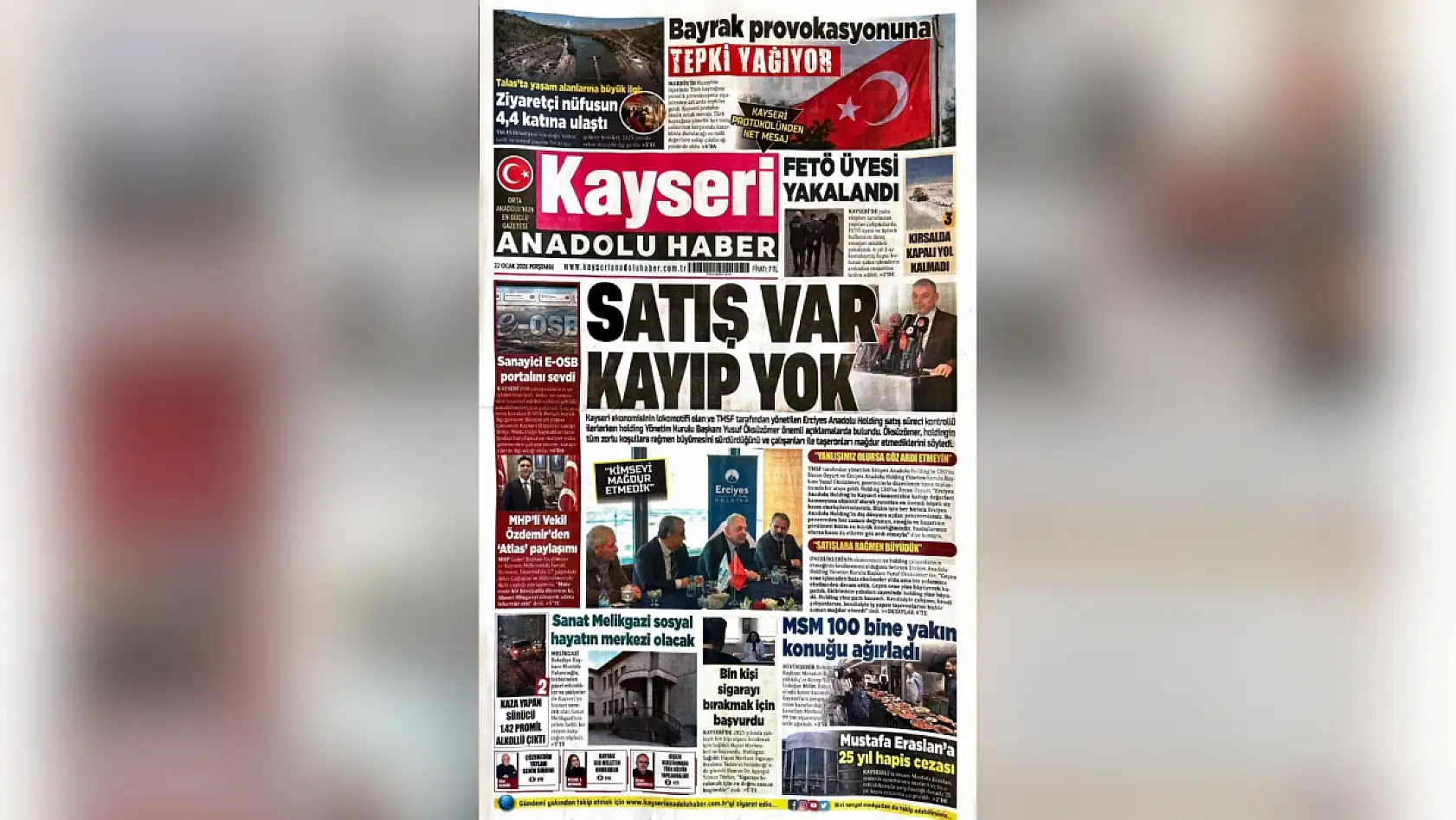 Kayseri yerel gazeteleri 22 Ocak Perşembe gününe hangi manşetlerle çıktı?