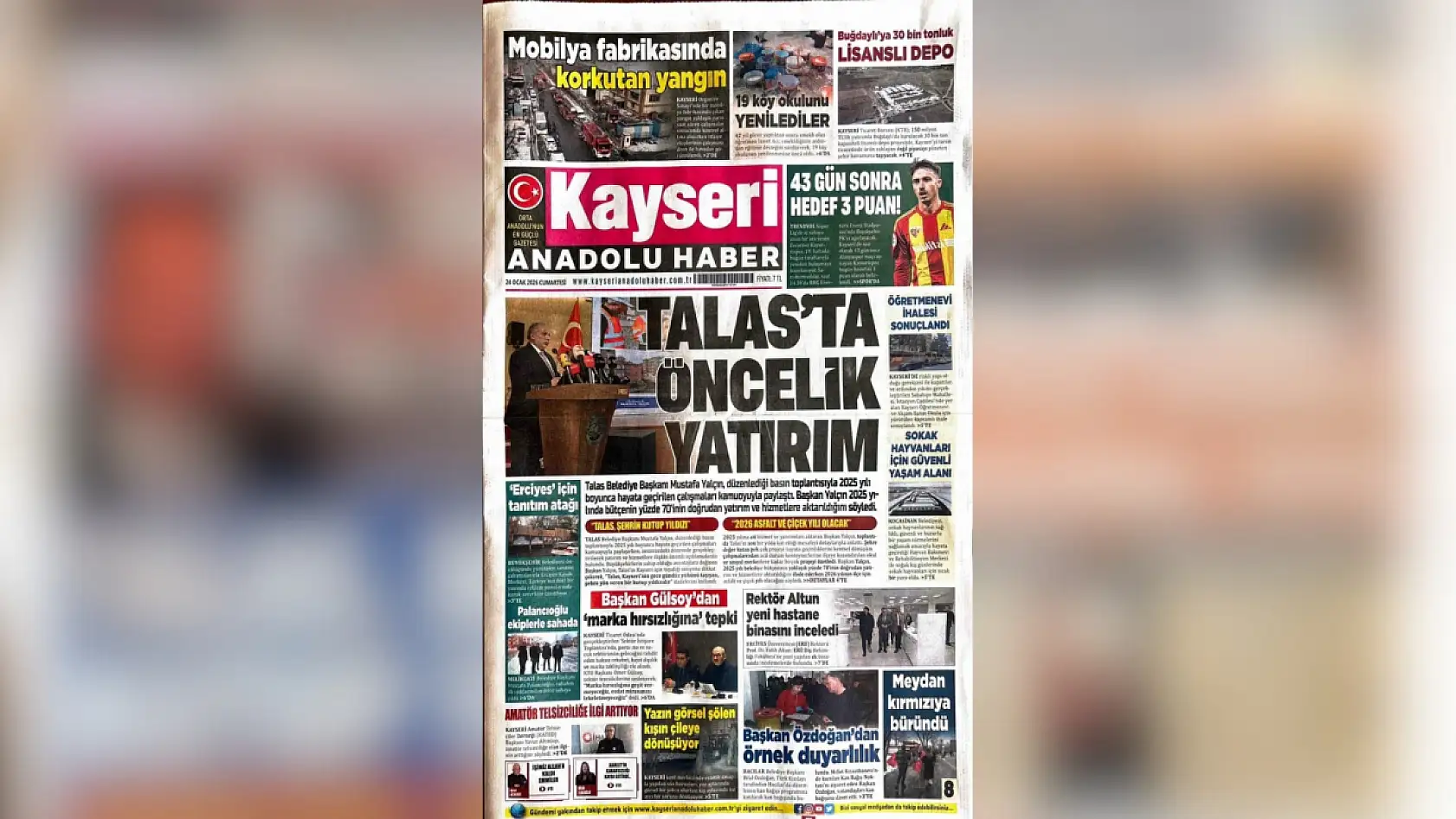 Talas, Kayseri yerel gazetelerinin manşetini belirledi (24 Ocak 2026)