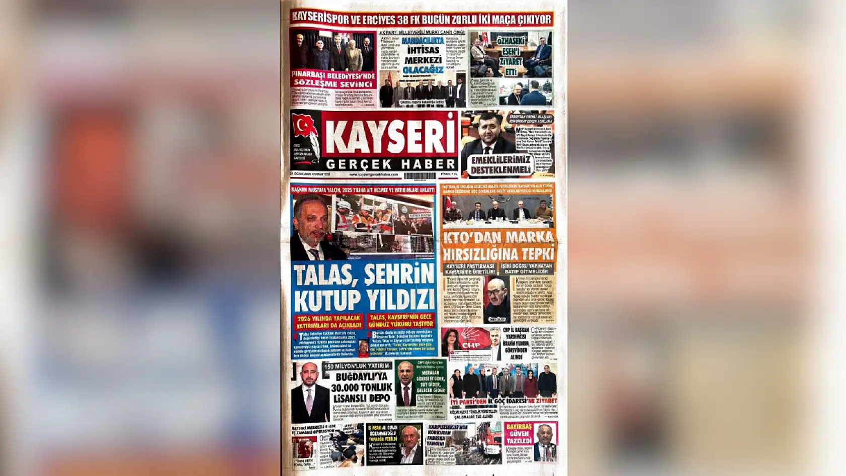 Talas, Kayseri yerel gazetelerinin manşetini belirledi (24 Ocak 2026)