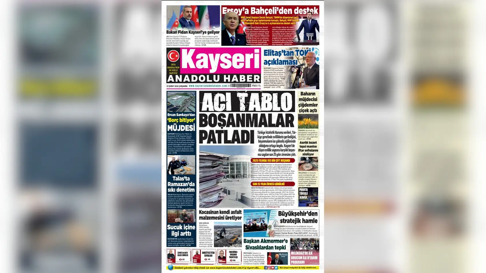 Kayseri gazetelerinde 25 Şubat Çarşamba günü hangi başlıklar gündem oldu?