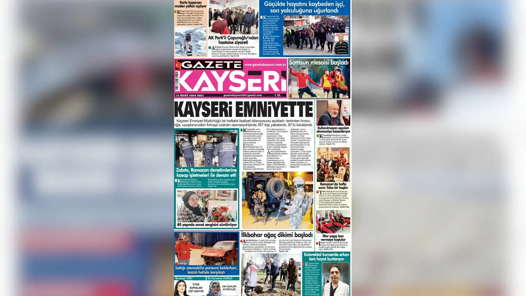Kayseri yerel gazeteleri 10 Mart Salı günü sabahına hangi manşetlerle çıktı?