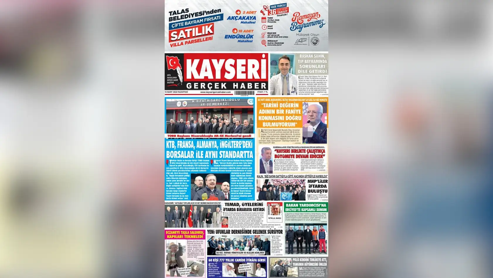 Kayseri yerel gazeteleri 16 Mart Pazartesi sabahına hangi manşetlerle çıktı?