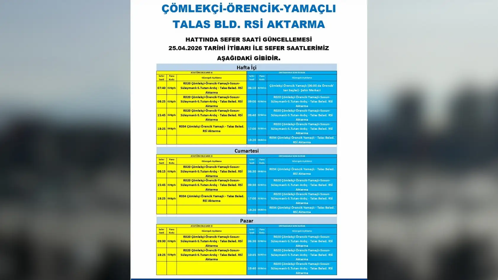 Kayseri'de yeni düzenleme: Hangi otobüslerin sefer saatleri ve güzergahları değişti? (25 Nisan2026 )