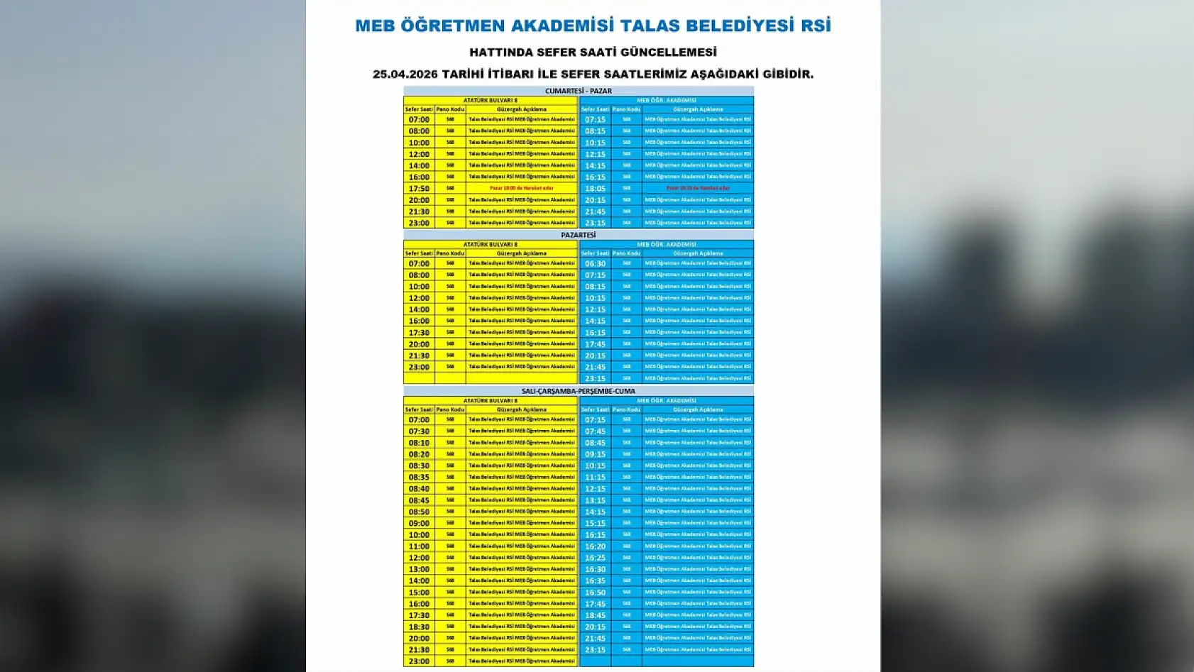 Kayseri'de yeni düzenleme: Hangi otobüslerin sefer saatleri ve güzergahları değişti? (25 Nisan2026 )