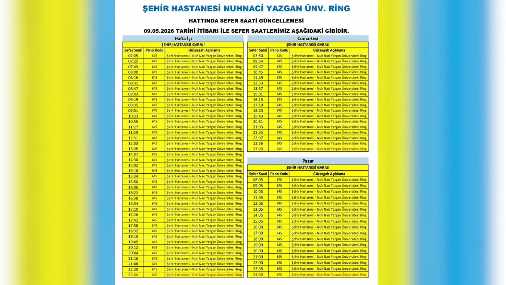 Kayseri'de 9 Mayıs Cumartesi günü itibariyle çok sayıda otobüs güzergahı ve sefer saatinde değişikliğe gidildi!