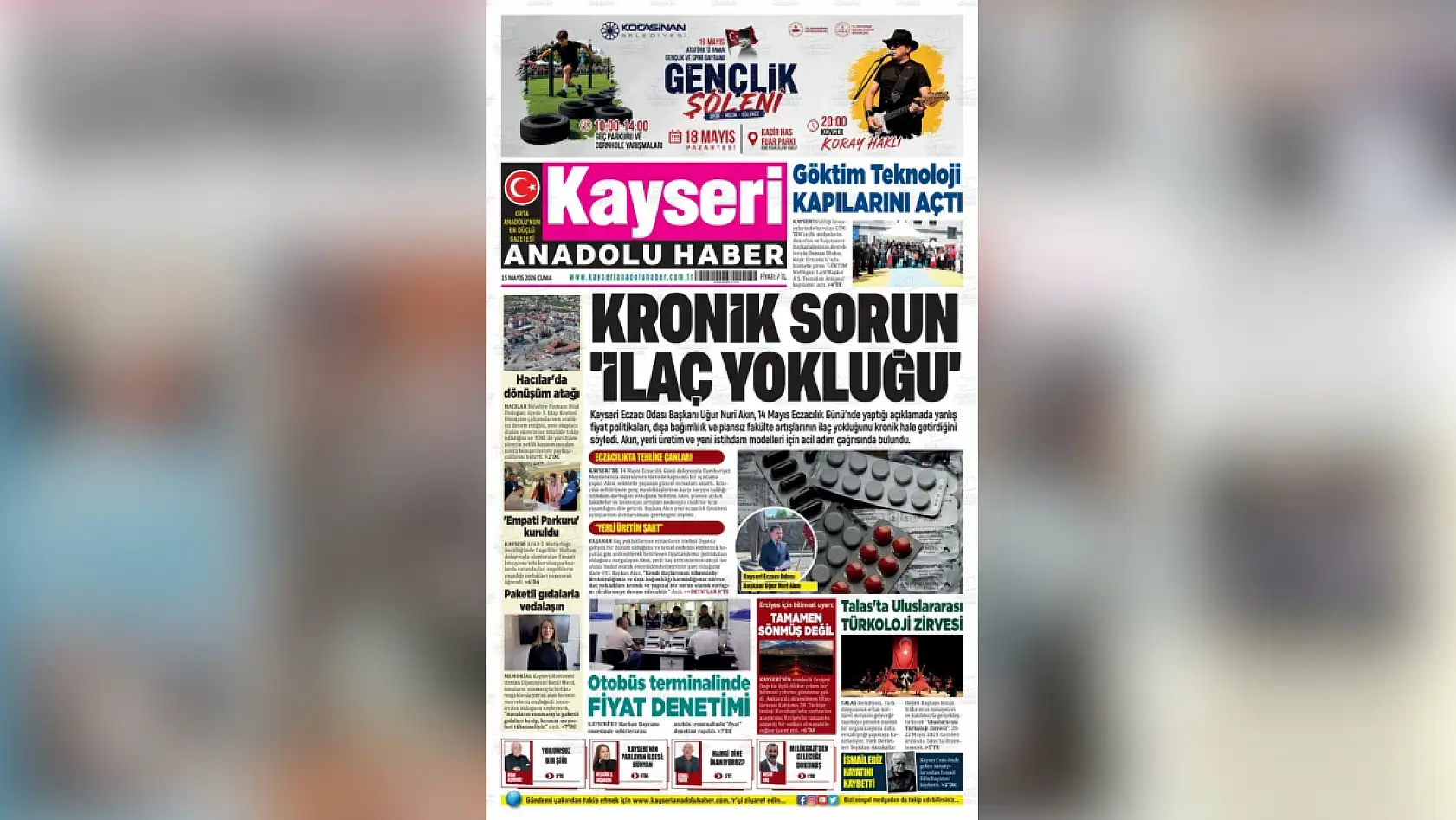Kayseri yerel gazeteleri 15 Mayıs sabahına hangi manşetlerle çıktı?