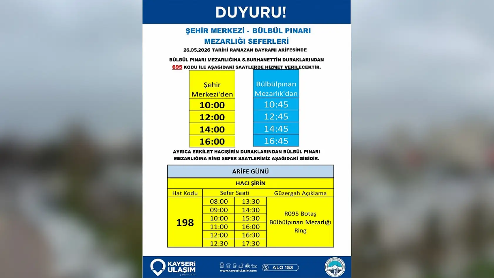 Kayseri'de mezarlıklar için ücretsiz seferler başlıyor: İşte güzergah ve saatleri!