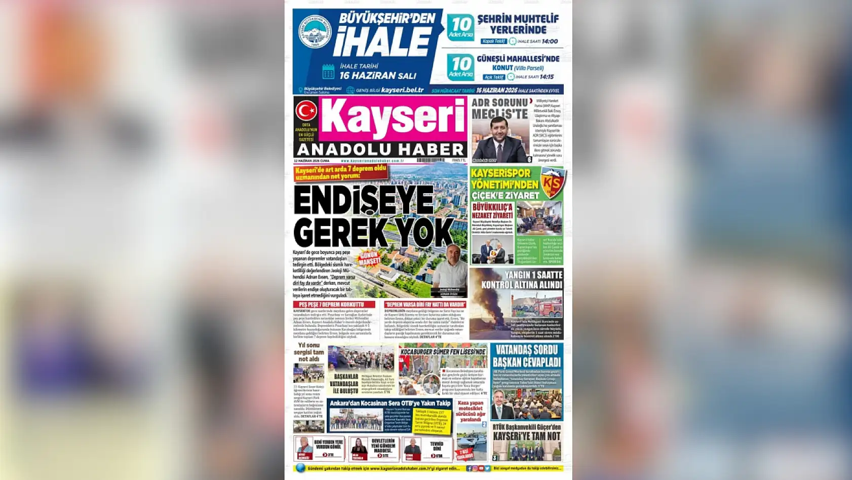 Kayseri yerel gazeteleri 12 Haziran'a hangi manşetlerle çıktı?