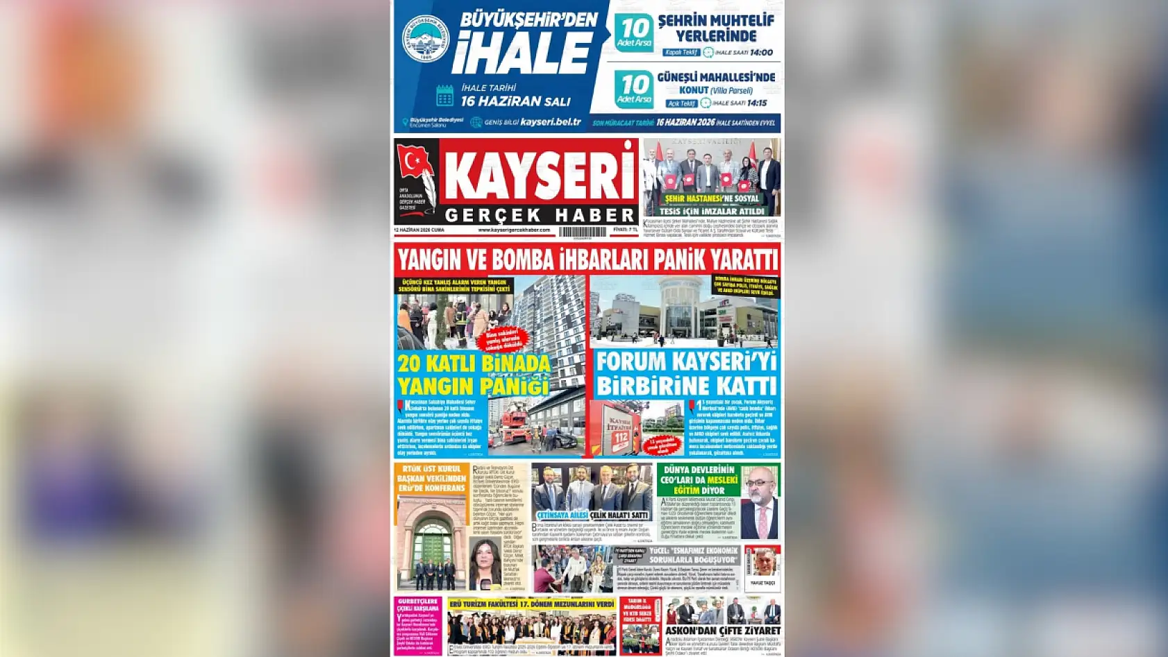 Kayseri yerel gazeteleri 12 Haziran'a hangi manşetlerle çıktı?