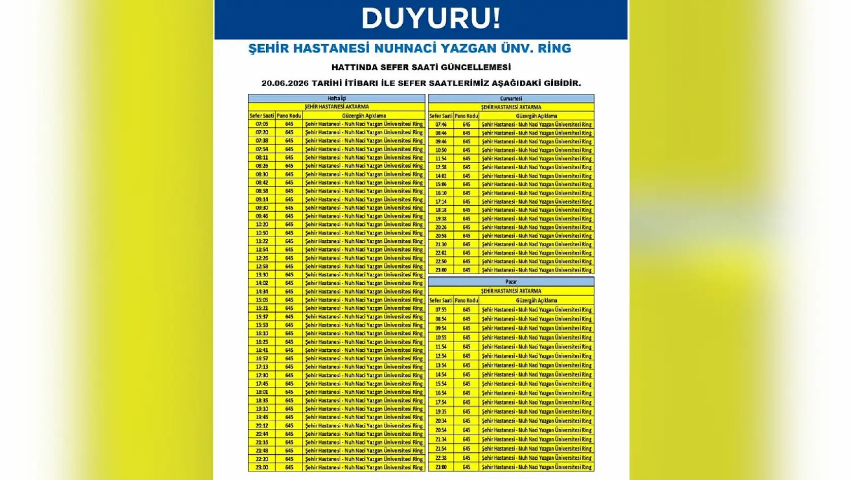 Kayseri'de yeni düzenleme: Hangi otobüslerin sefer saatleri ve güzergahları değişti? (20 Haziran 2026)