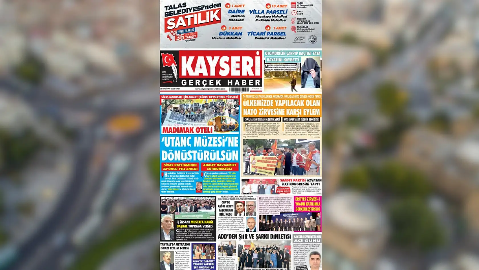Kayseri gazeteleri 23 Haziran Salı sabahına hangi manşetlerle çıktı?