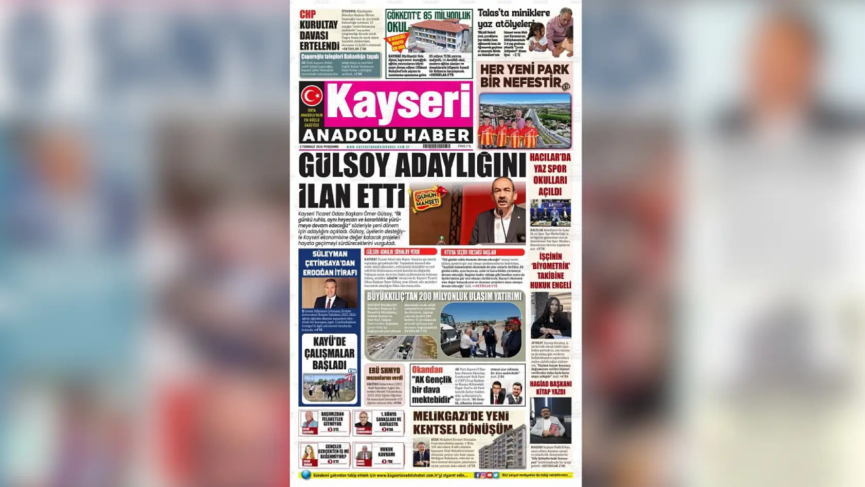 Kayseri yerel gazeteleri 2 Temmuz sabahına hangi manşetlerle çıktı?