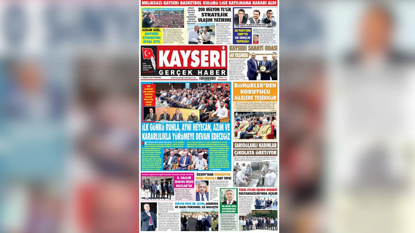 Kayseri yerel gazeteleri 2 Temmuz sabahına hangi manşetlerle çıktı?