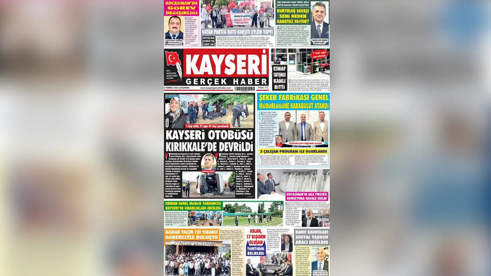 Kayseri yerel gazeteleri 8 Temmuz sabahına hangi manşetlerle çıktı?