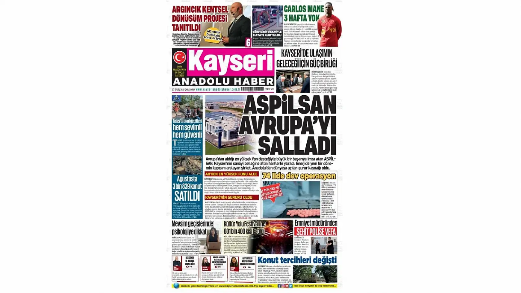 Kayseri Gazetelerinde 17 Eylül Çarşamba gündemi – Aspilsan ve Argıncık...