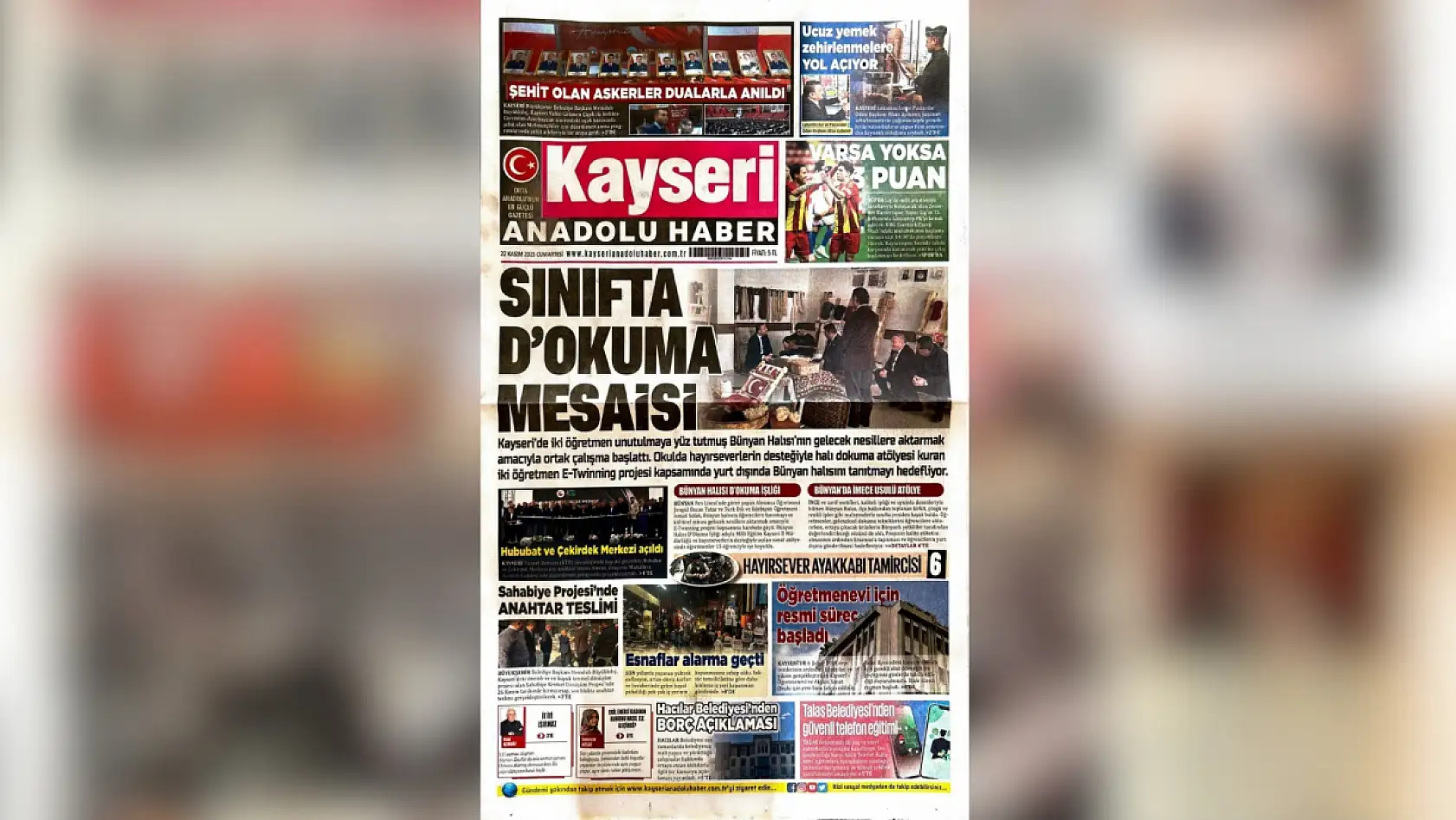 Kayseri'de yerel gazeteler 22 Kasım Cumartesi sabahına hangi manşetlerle çıktı?