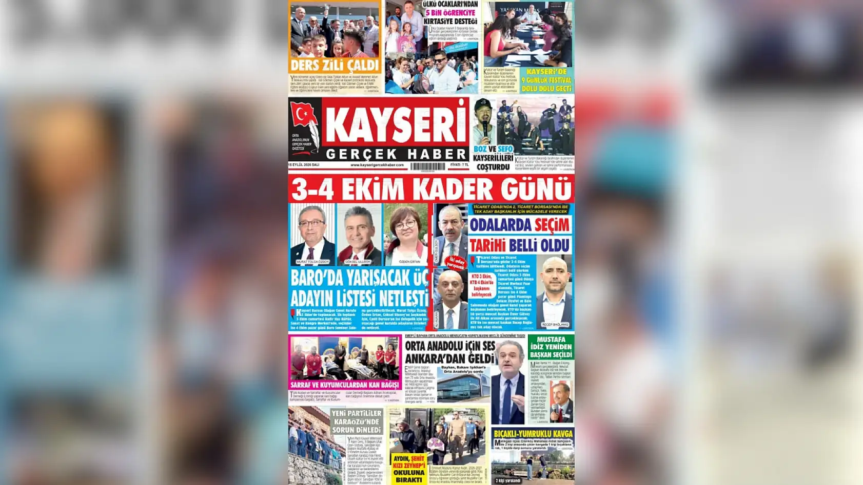 Kayseri yerel gazeteleri 15 Eylül sabahına hangi manşetlerle çıktı?