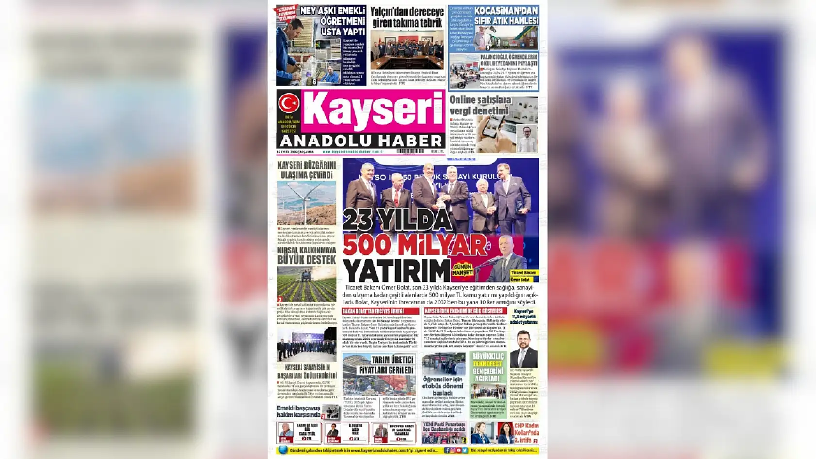 Kayseri yerel gazeteleri 16 Eylül sabahını hangi manşetlerle karşıladı?