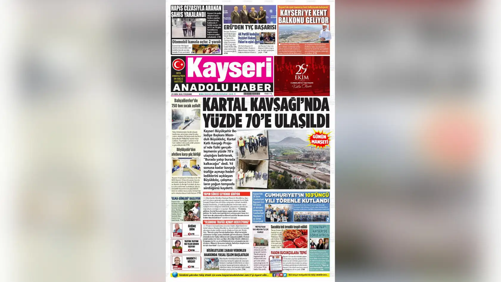Kayseri'de yerel gazeteler bugün hangi manşetlerle okuyucuların karşısına çıktı? (29 Ekim 2026)