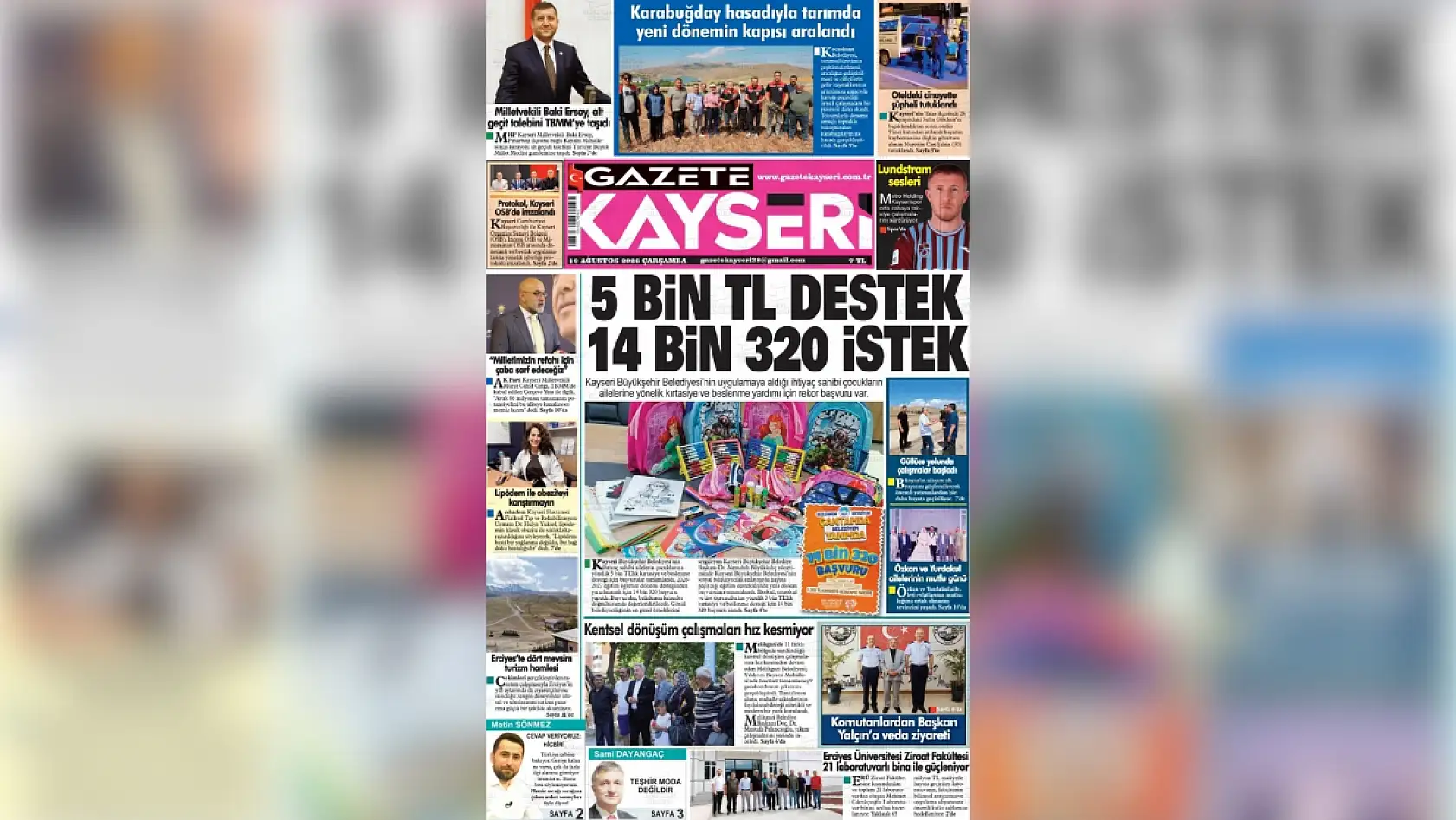 Kayseri yerel gazeteleri bugün hangi manşetlerle çıktı? (19 Ağustos 2026)