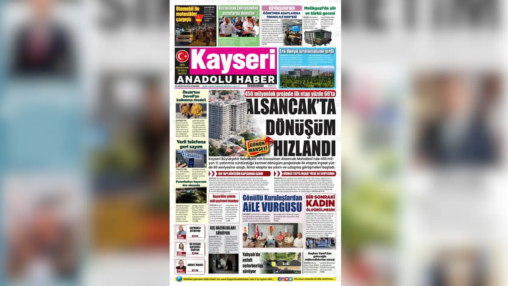Kayseri yerel gazeteleri 20 Ağustos 2026 sabahına hangi manşetlerle çıktı?