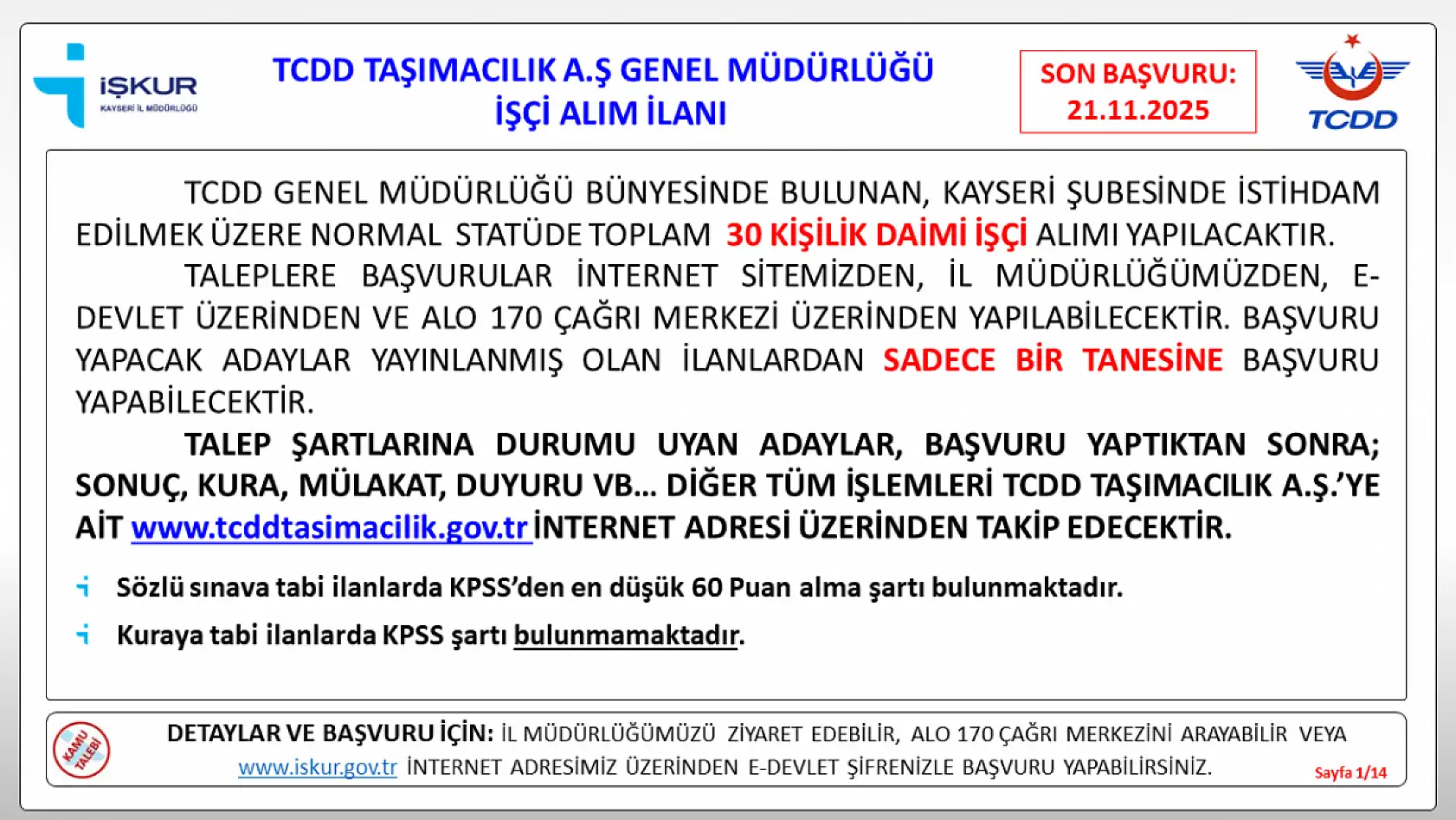 TCDD 780 işçi alacak: 346 kadro için KPSS şartı aranmayacak! Kayseri'de sayı belli oldu...