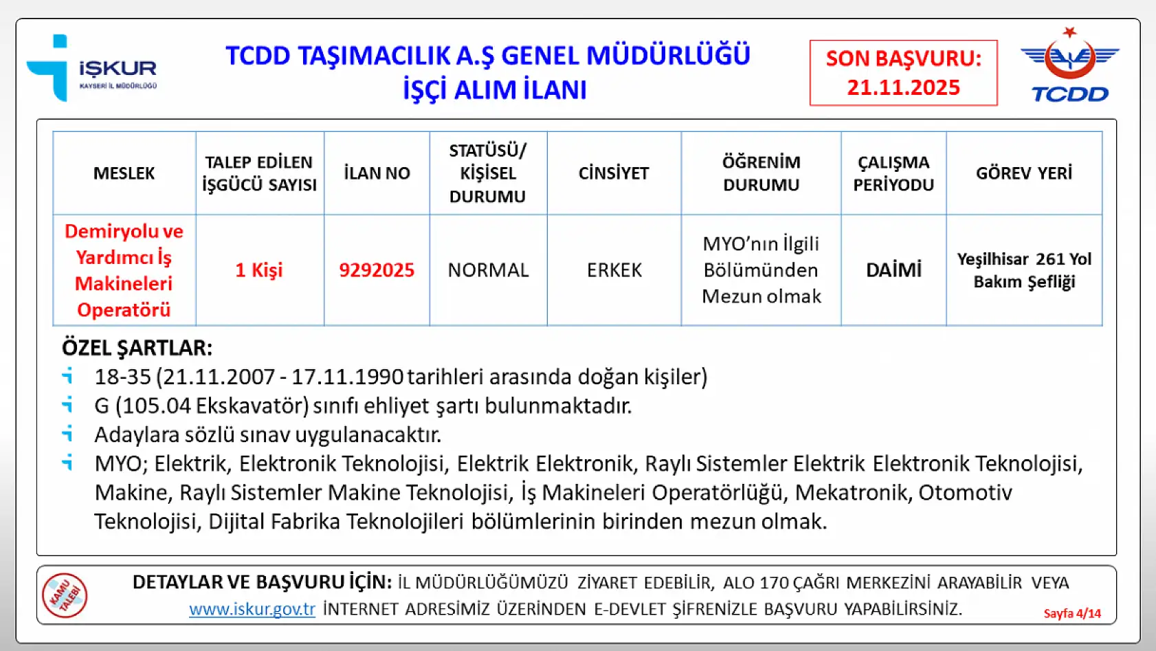 TCDD 780 işçi alacak: 346 kadro için KPSS şartı aranmayacak! Kayseri'de sayı belli oldu...