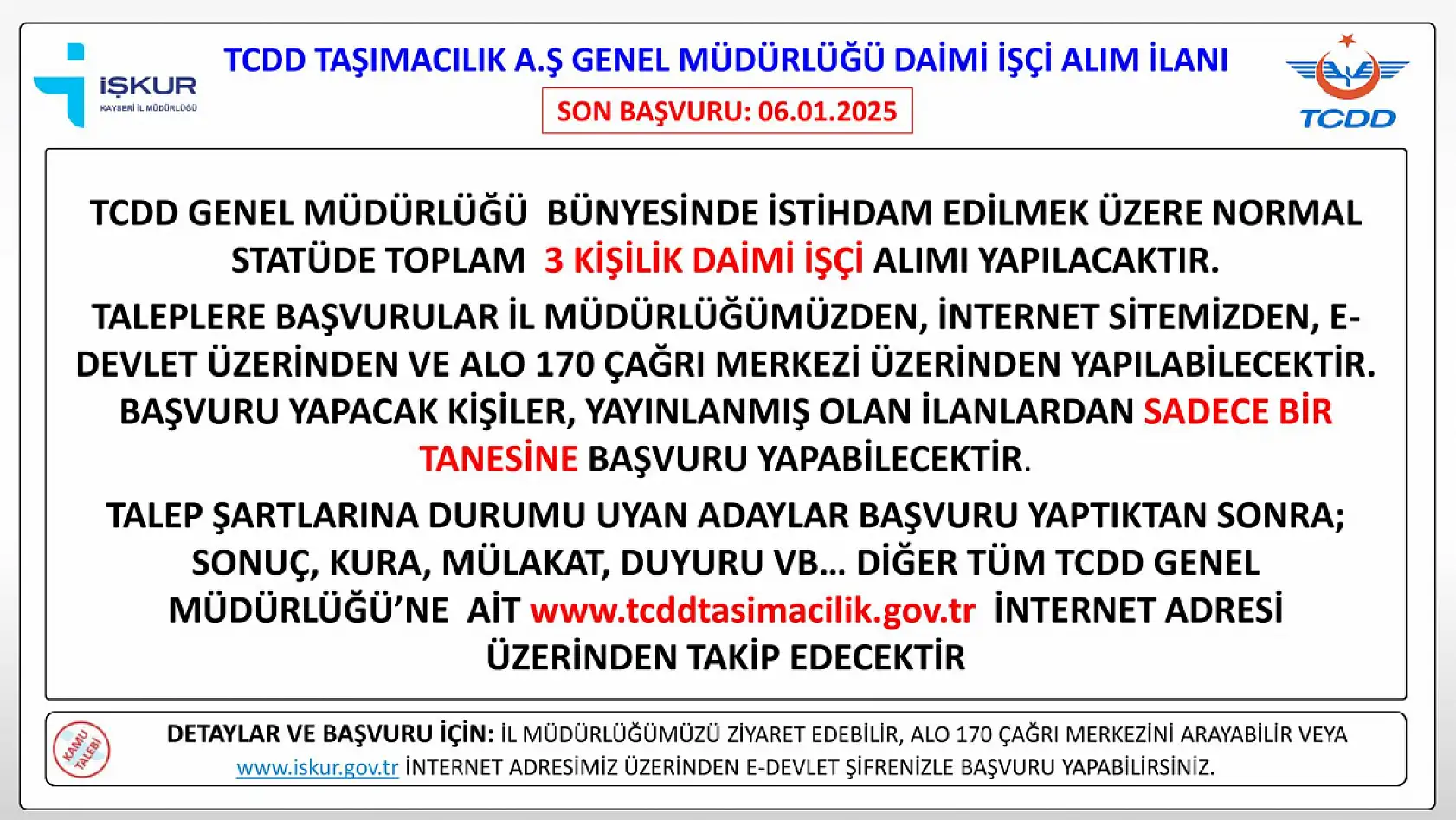 TCDD Kayseri'de işçi alımı gerçekleştirecek- Son günler!