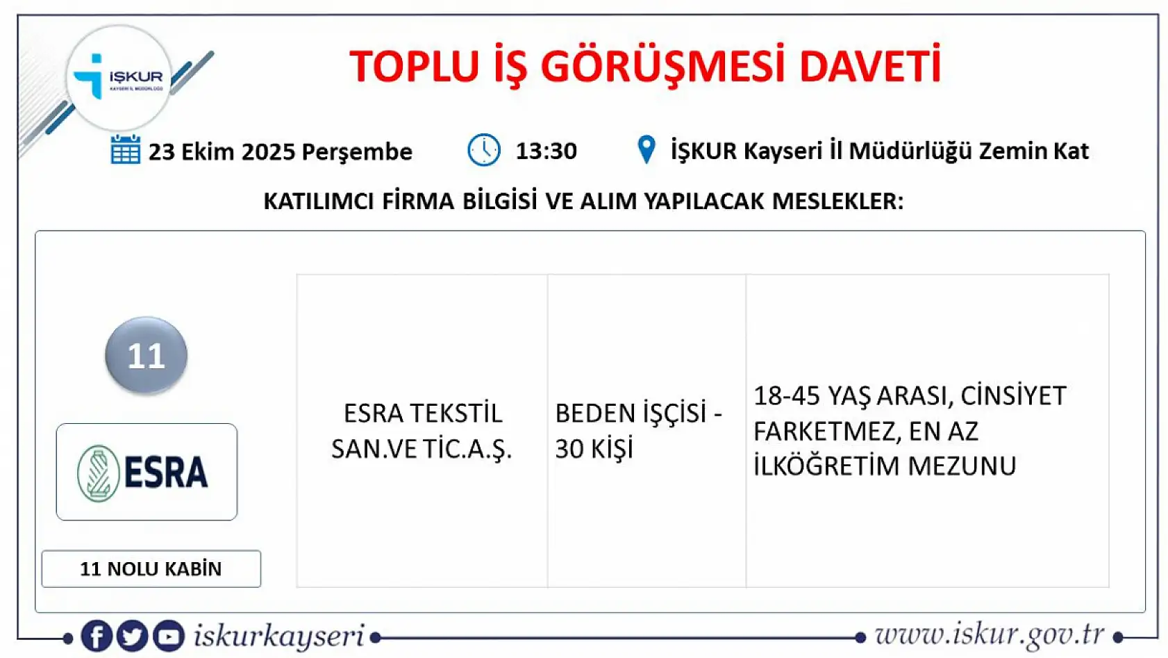 Kayseri'de iş arayan herkes o tarihte bir araya gelecek: 22 dev firma 363 personel alacak!