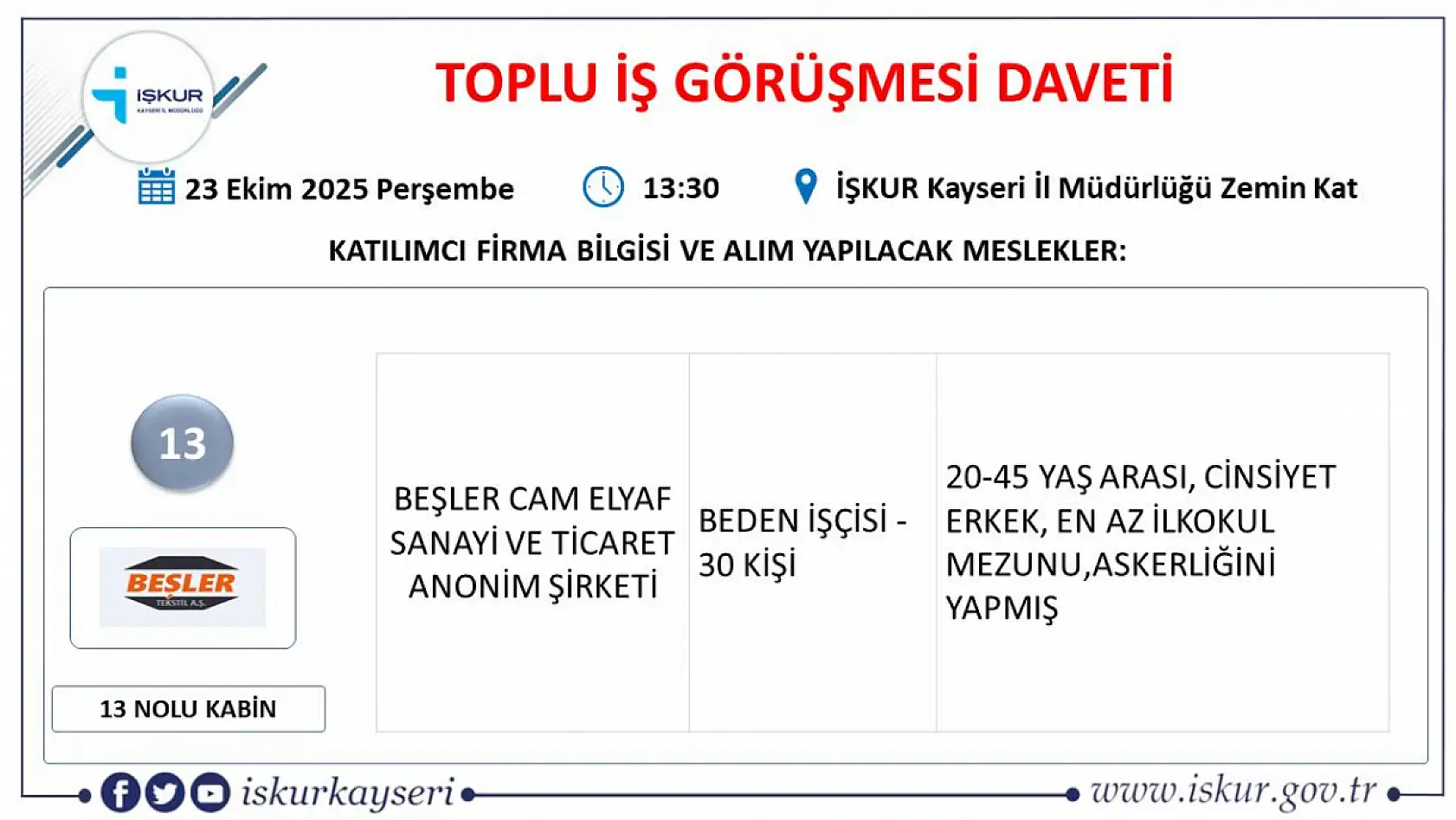 Kayseri'de iş arayan herkes o tarihte bir araya gelecek: 22 dev firma 363 personel alacak!