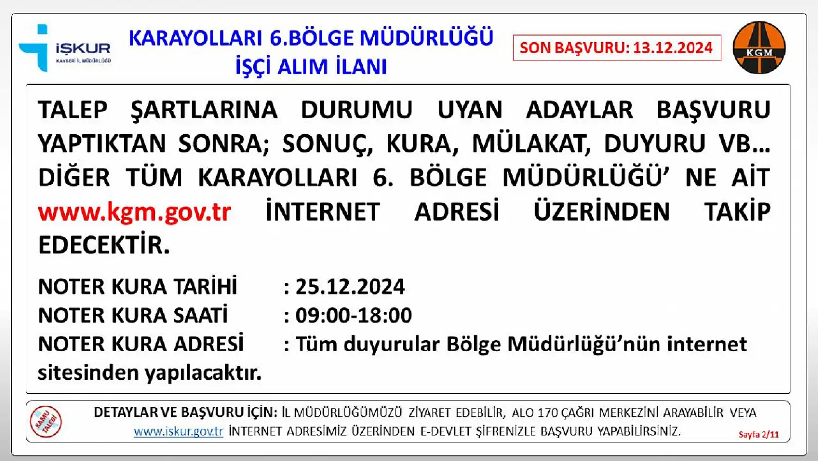 Kayseri Karayolları Bölge Müdürlüğü'ne bağlı 5 şehirde işçi alımı gerçekleştirilecek!