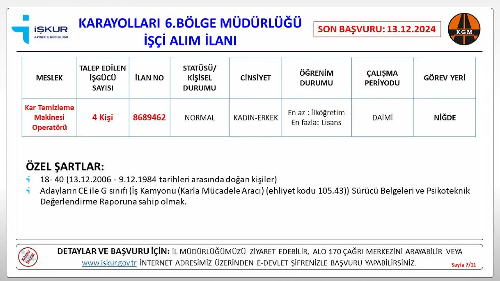 Kayseri Karayolları Bölge Müdürlüğü'ne bağlı 5 şehirde işçi alımı gerçekleştirilecek!