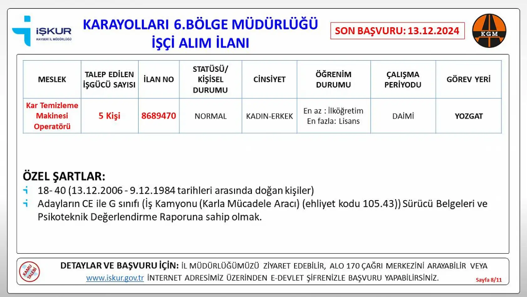 Kayseri Karayolları Bölge Müdürlüğü'ne bağlı 5 şehirde işçi alımı gerçekleştirilecek!