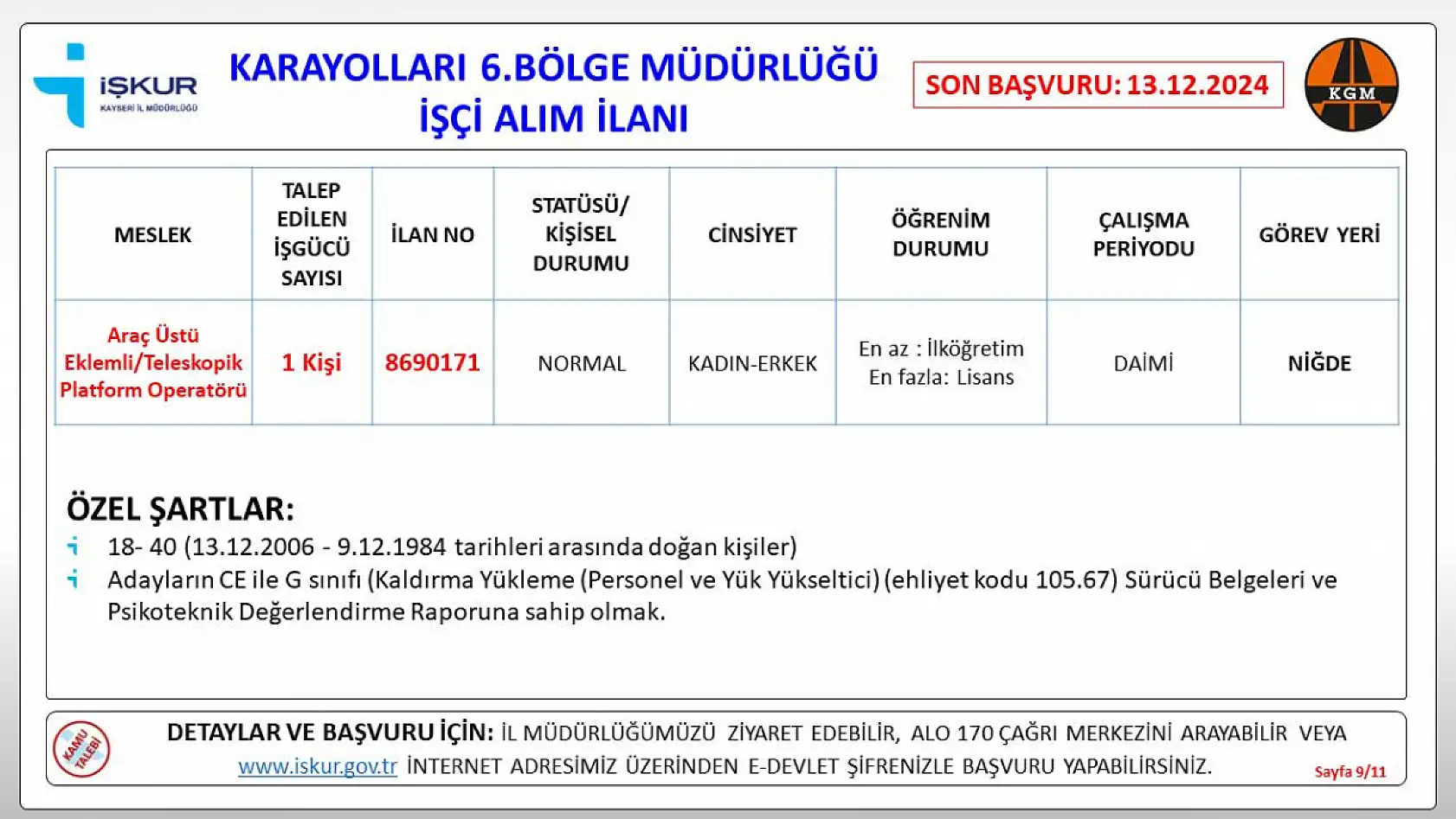 Kayseri Karayolları Bölge Müdürlüğü'ne bağlı 5 şehirde işçi alımı gerçekleştirilecek!