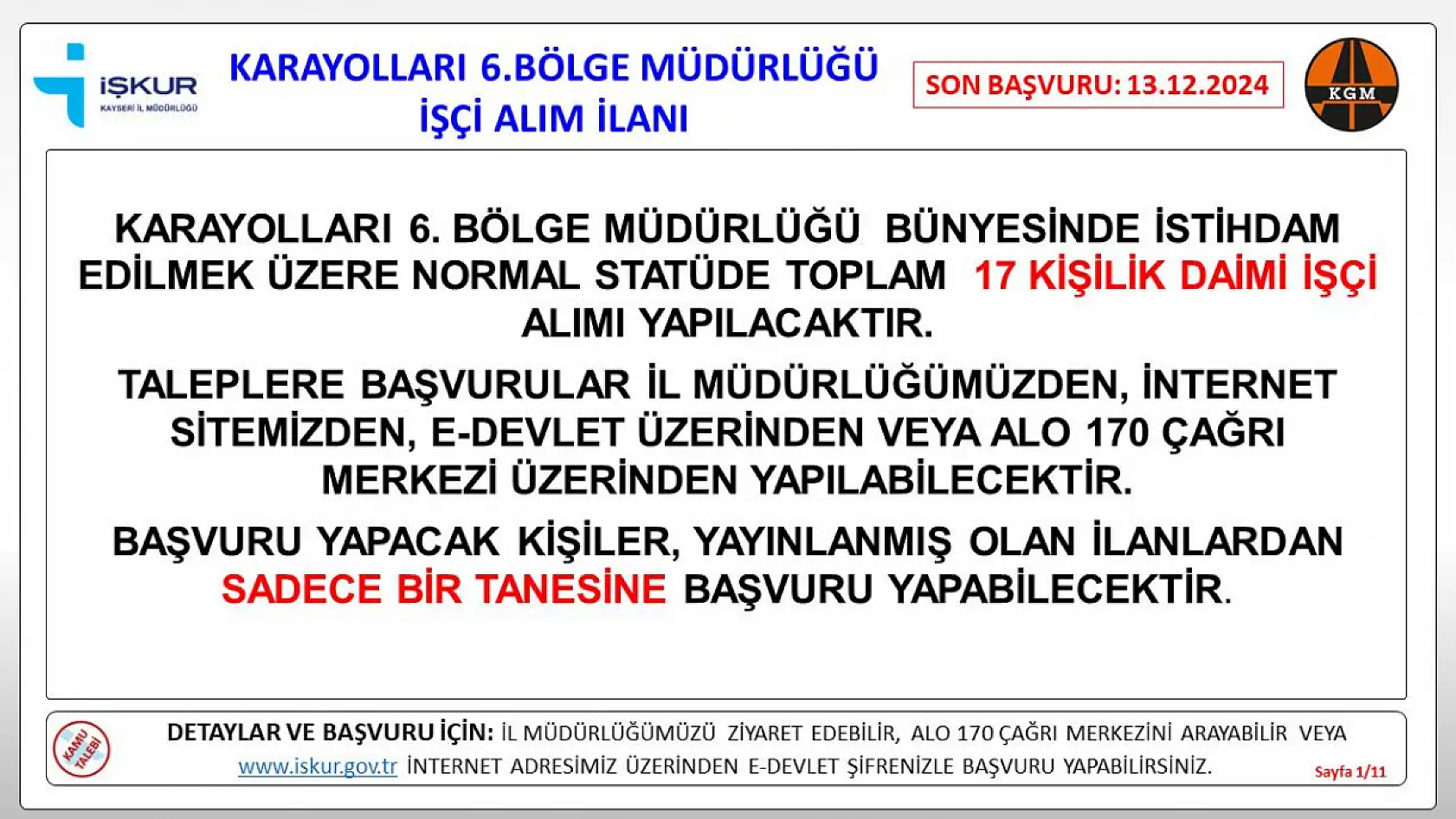 Kayseri Karayolları Bölge Müdürlüğü'ne bağlı 5 şehirde işçi alımı gerçekleştirilecek!