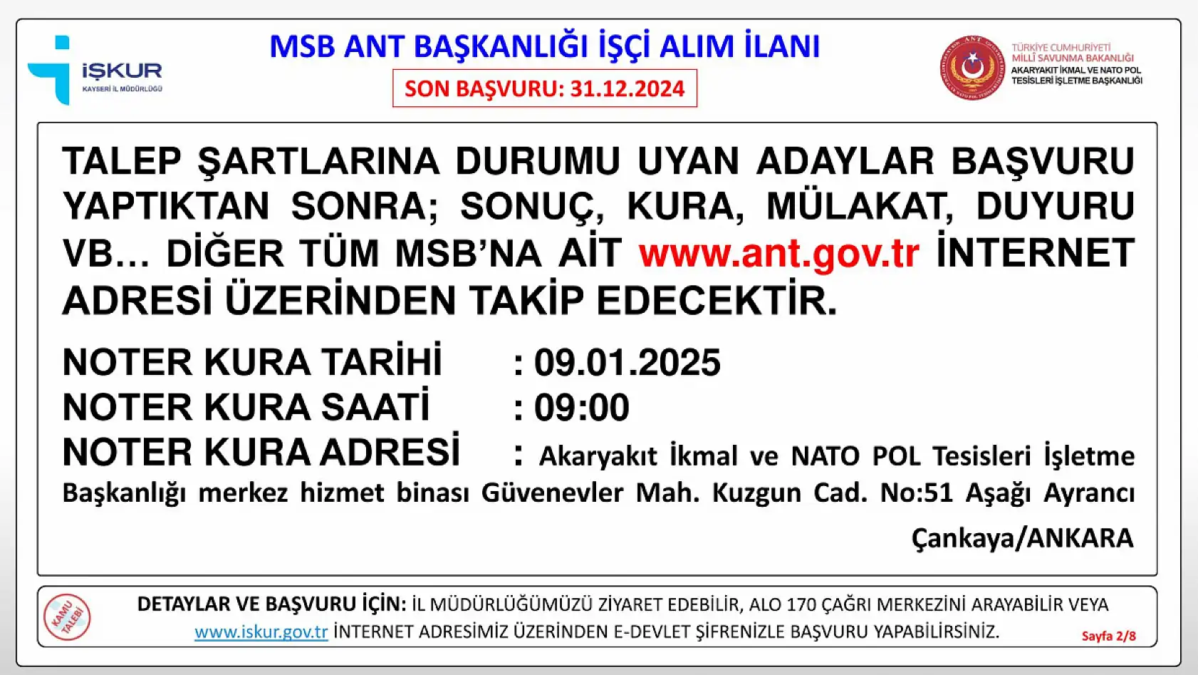 Milli Savunma Bakanlığı Kayseri'de farklı unvanlarda işçi alımı yapacak- KPSS şartı yok!