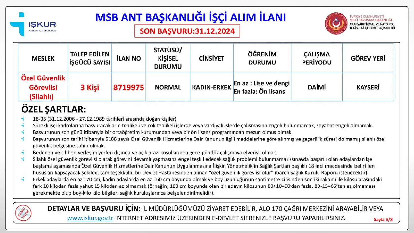 Milli Savunma Bakanlığı Kayseri'de farklı unvanlarda işçi alımı yapacak- KPSS şartı yok!