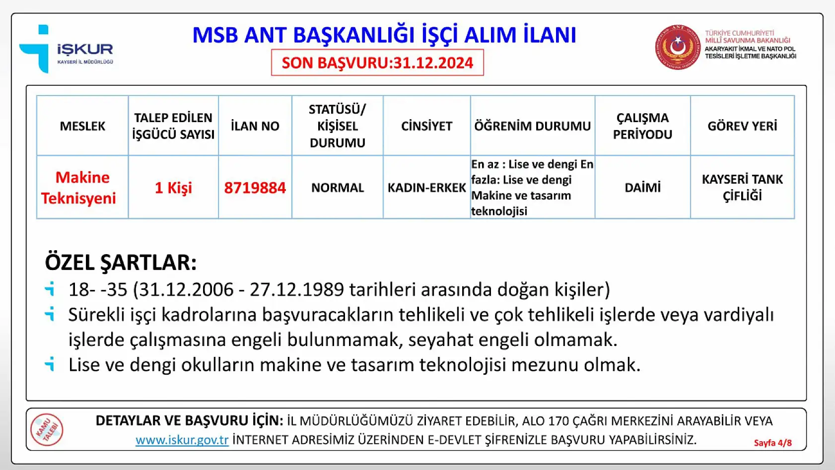 Milli Savunma Bakanlığı Kayseri'de farklı unvanlarda işçi alımı yapacak- KPSS şartı yok!