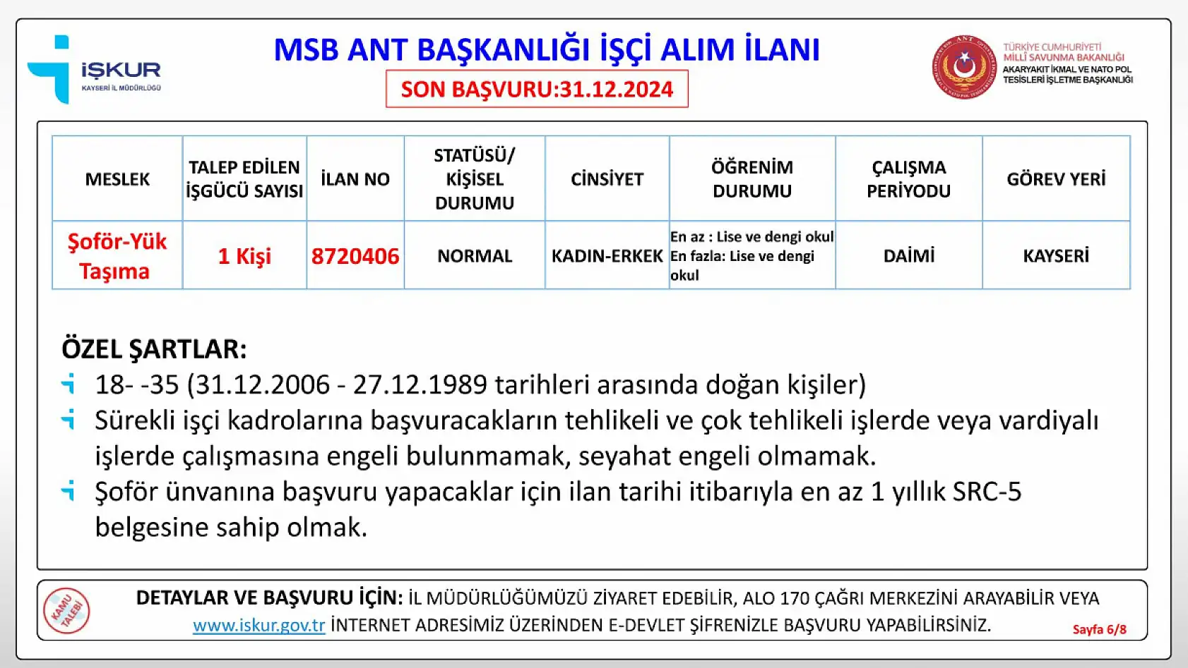 Milli Savunma Bakanlığı Kayseri'de farklı unvanlarda işçi alımı yapacak- KPSS şartı yok!