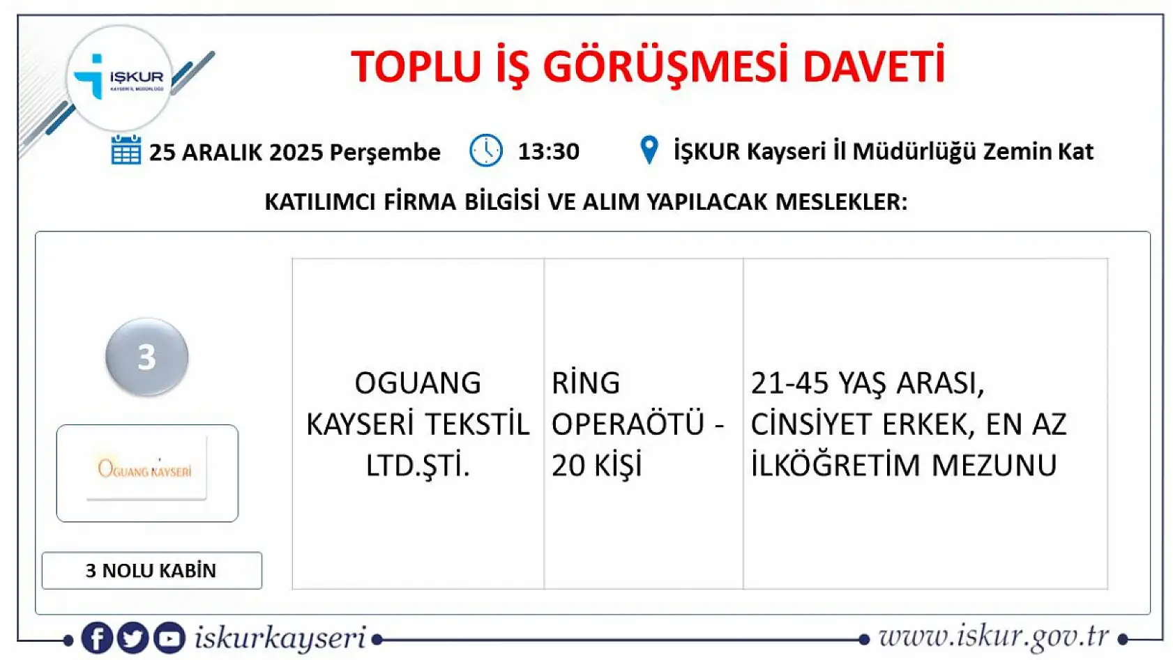 Kayseri'de 2025'in son fırsatı: Toplu iş görüşmesi ile 24 firma 598 yeni personel alacak!