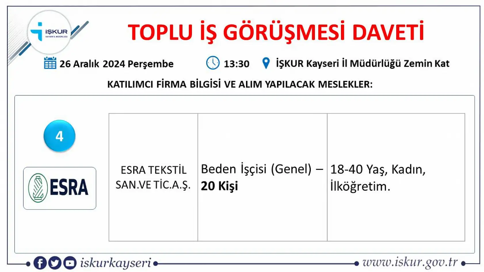 Kayseri'de gözler o tarihe çevrildi toplu iş görüşmesi gerçekleştirilecek- Onlarca firma, yüzlerce işçi alacak!