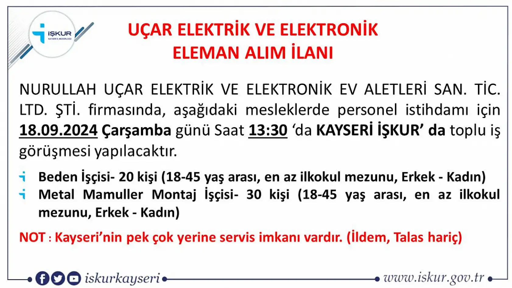 Dikkat! Toplamda 50 işçi alınacak - Aranan şartlar neler? Kayseri iş ilanları