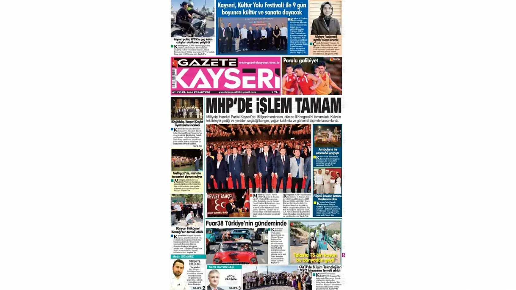 Kayseri yerel gazeteleri 7 Eylül sabahına hangi manşetlerle çıktı?