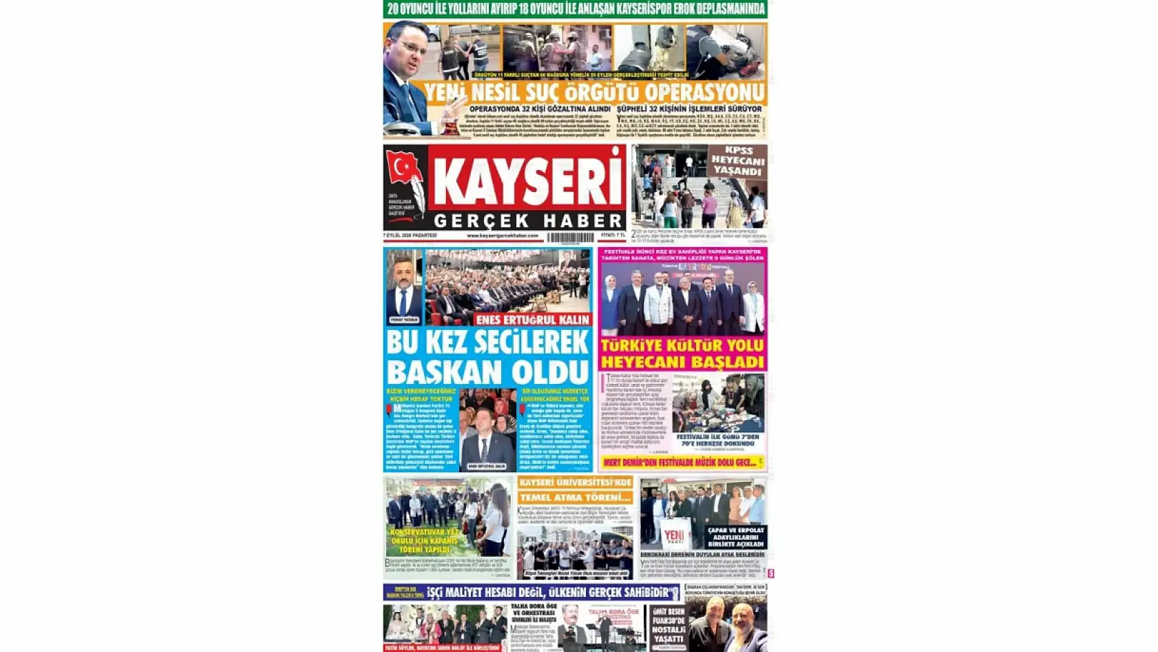 Kayseri yerel gazeteleri 7 Eylül sabahına hangi manşetlerle çıktı?