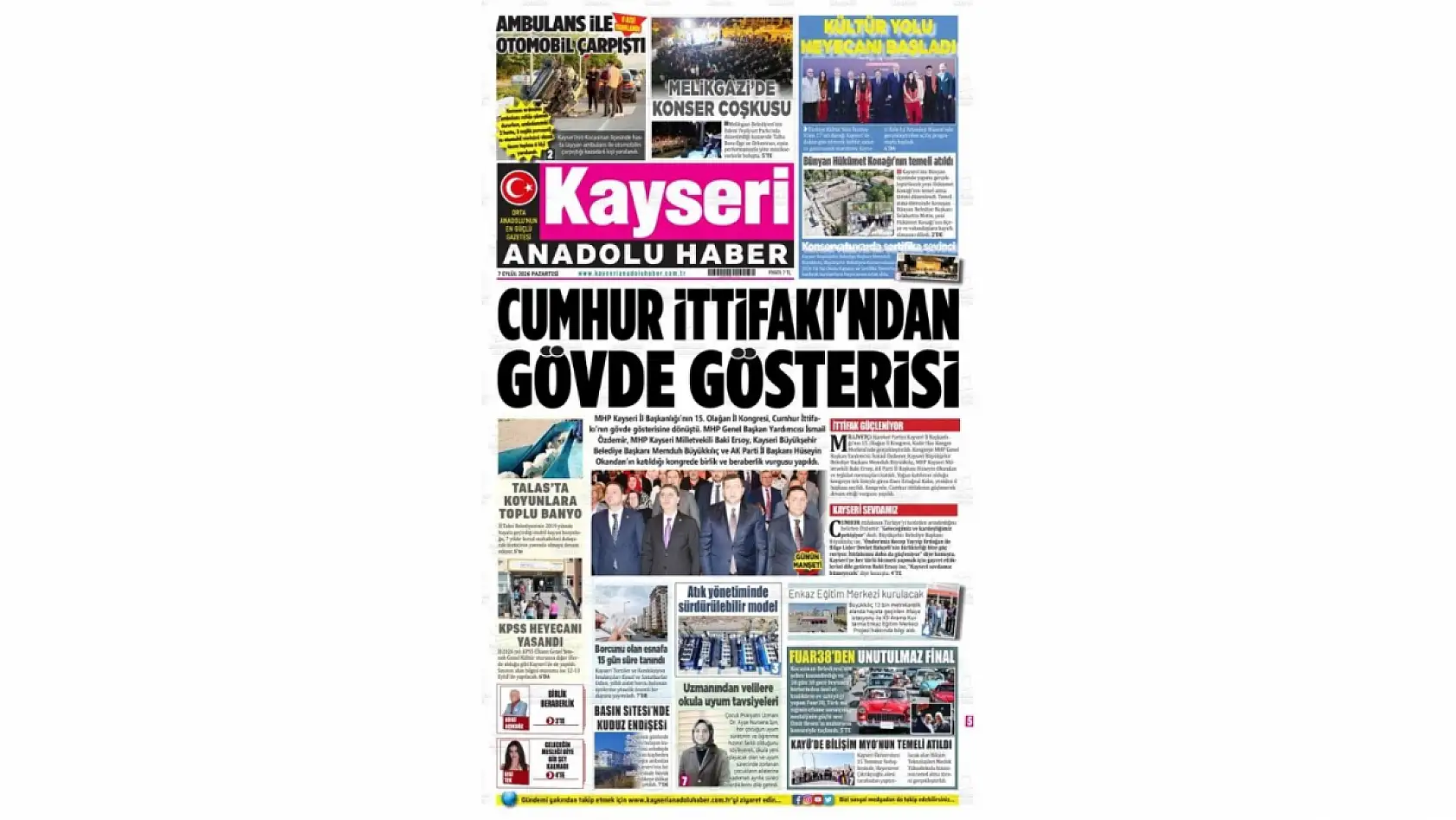 Kayseri yerel gazeteleri 7 Eylül sabahına hangi manşetlerle çıktı?