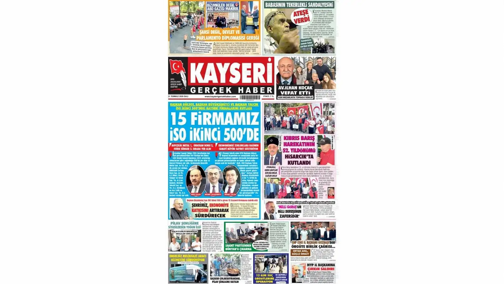 Kayseri yerel gazeteleri 21 Temmuz sabahına hangi manşetlerle çıktı?