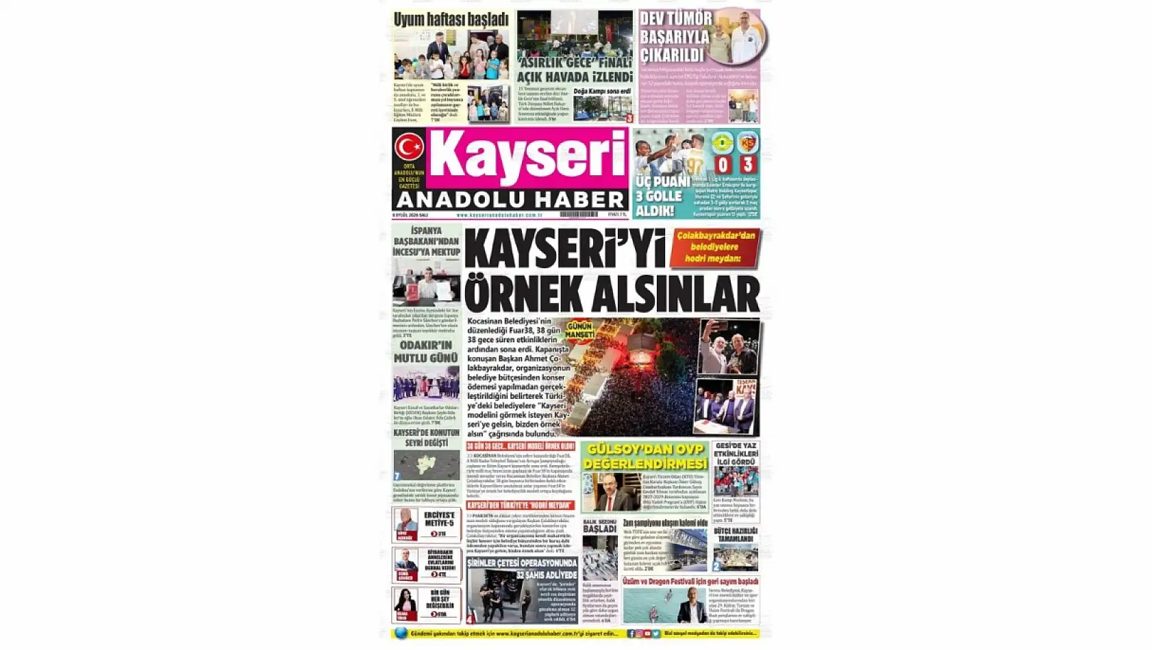 Kayseri yerel gazeteleri 8 Eylül sabahına hangi manşetlerle çıktı?